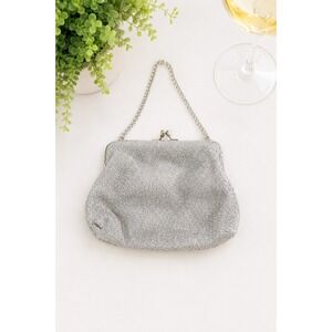 Vintage Silver Glitter Evening Bag Kiss Lock Chain Handle Wedding Cocktail Purse